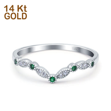 14K White Gold Curved Marquise Half Eternity Stackable Ring Simulated Green Emerald CZ Size-7